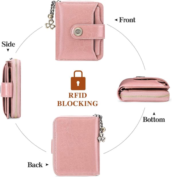 Plånböcker för kvinnor Äkta läder Liten Bifold Kompakt Damplånbok med RFID-skydd Pink