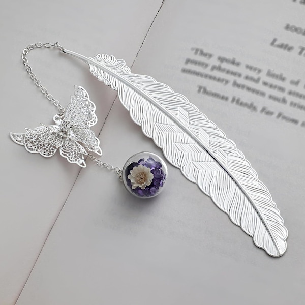 Metal Fjer Bogmærke - Perfekt Gave til Mors Dag, Kvinders Fødselsdage & Lærerpåskønnelse, Chic Litterær Accessorie & Elegant Læsehjælp Silver Feather Purple White Flower