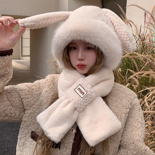 Beige Rabbit treasure - tvådelad kaninöron hatt imiterat minkhår vintertät hatt beige