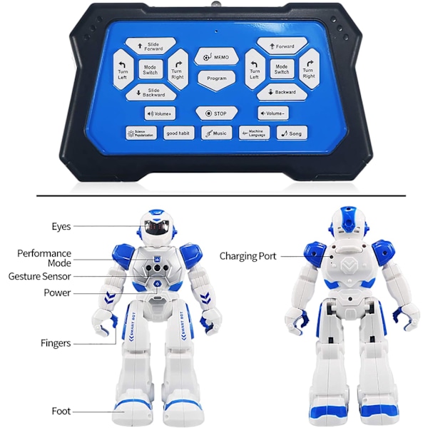 Barnrobot intelligent programmerbar robot med infraröd fjärrkontroll leksak dansande sjungande LED-ögon geststyrning robotset blue