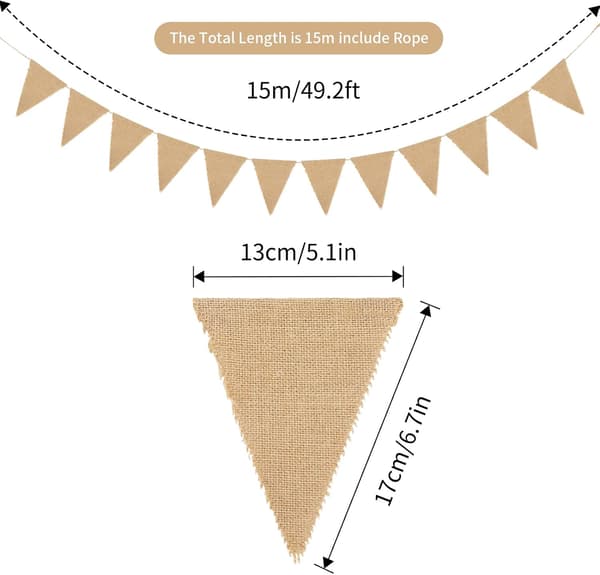 Jute vimpel, 15 meter/48 trekantflagg Vintage Ba