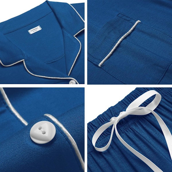 Dam Pyjamas Set Kortärmad Nattkläder Dam Knapp Ned Nattkläder PJ Set med Ficka XXL Navy