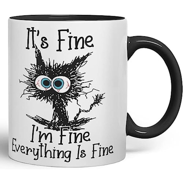 Fint, jeg har det fint, alt er fint, kattejoke farverig krus kop gave fødselsdag arbejde kontor jul te kaffe (sort)