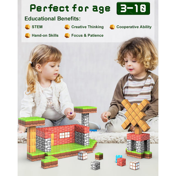 Magnetiske Byggeklodser - Byg Min Magnetverden Magisk Portal Sæt Sansestimulerende Udendørs Legetøj til Drenge og Piger 3+ år, Kreativ Leg for Børn 63pcs cubes + 2 doll