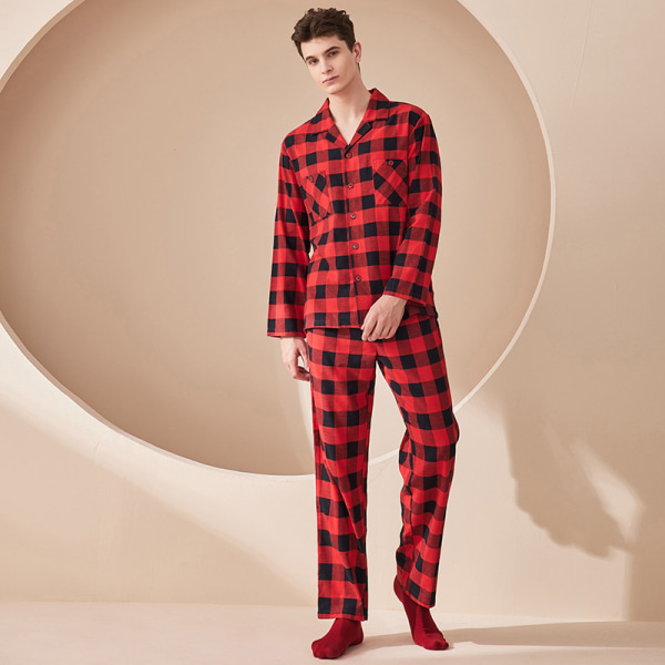 Røde og sorte par efterår og vinter ren bomuld herrepyjamas sæt kan bære XL Men's XL