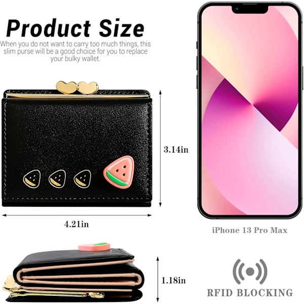 Damplånbok, Konstläder, Liten Bifold-plånbok med RFID-blockering, 7 Kortfack, 1 Sedelfack, 1 ID-fönster Black