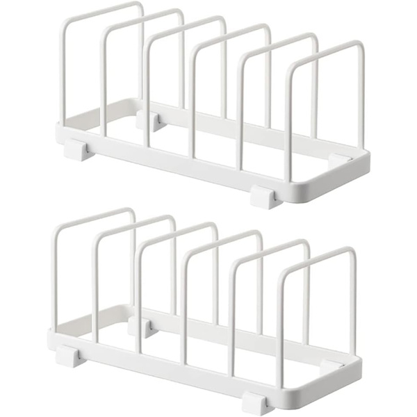 Tallerkenoppbevaringsstativ, Vertikal tallerkenstativavløp, Skjærebrett, Bakeware, Serveringsbrettstativ, Lokkarrangør, Skapstativ (Hvit, 2 pakker) White