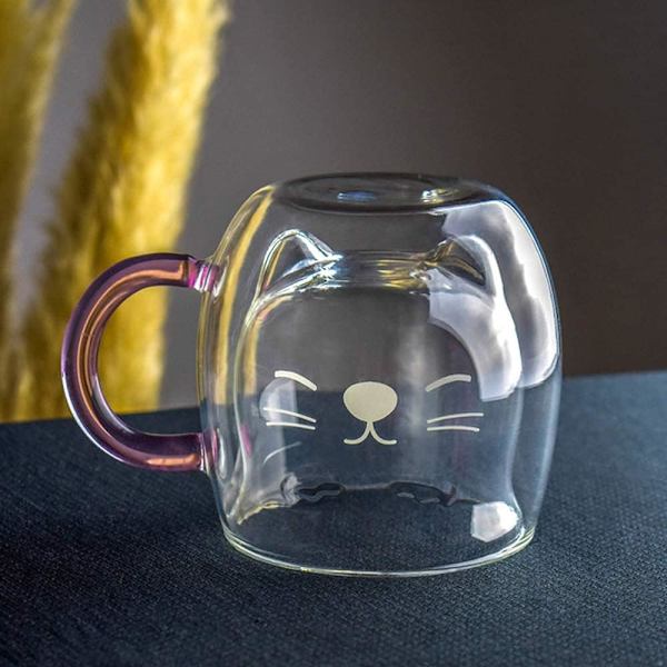 Bjørnekop Søde krus til kvinder Glas Dobbeltvægget isolerede glas Espresso kop, Kaffe kop, Tekop, Mælkekop, Bedste gave Purple Cat
