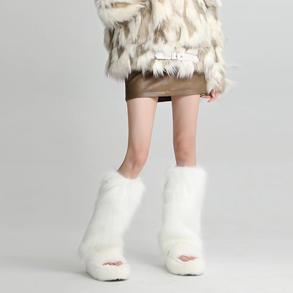 Faux päls fuzzy benvärmare lurviga stövlar omslag för kvinnor varma fuzzy boot cuff boot ärmar benvärmare för festdräkter White