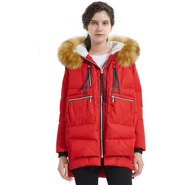 Kvinners tykkere dunjakke Parka hette lang pufferjakke for vinteren XL Red+Fur Trim