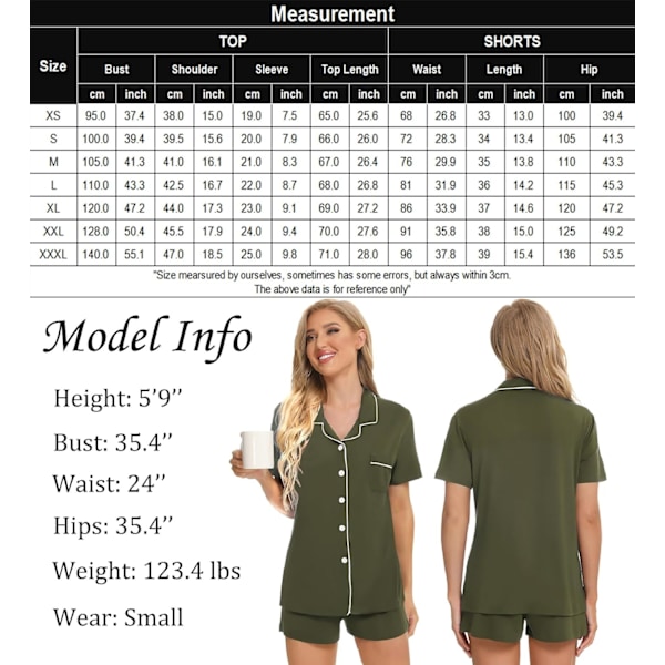Kvinnors Pyjamas Set Kortärmad Nattkläder Dam Knäppning Nattkläder PJ Set med Ficka M Army Green
