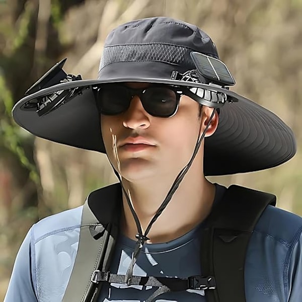 Udendørs Bredskygget Solhat med 2 Solcelleventilatorer Sol Bucket Hat til Mænd Kvinder UPF 50+ Bucket Fiske- & Strandhat med Indbygget Ventilator Dark Gray