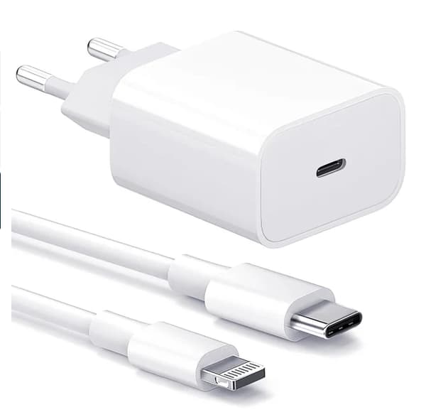 iPhone Lader - Hurtiglader Hode + Kabel 20W USB-C + EU til US Adapter, Hvit 2-Pakning (med Oppbevaringspose for Lader)