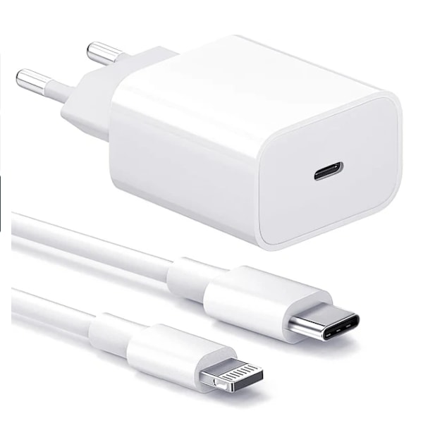 iPhone Oplader - Hurtig Oplader Hoved + Kabel 20W USB-C + EU til US Adapter, Hvid 2-pak (med Oplader Opbevaringspose)