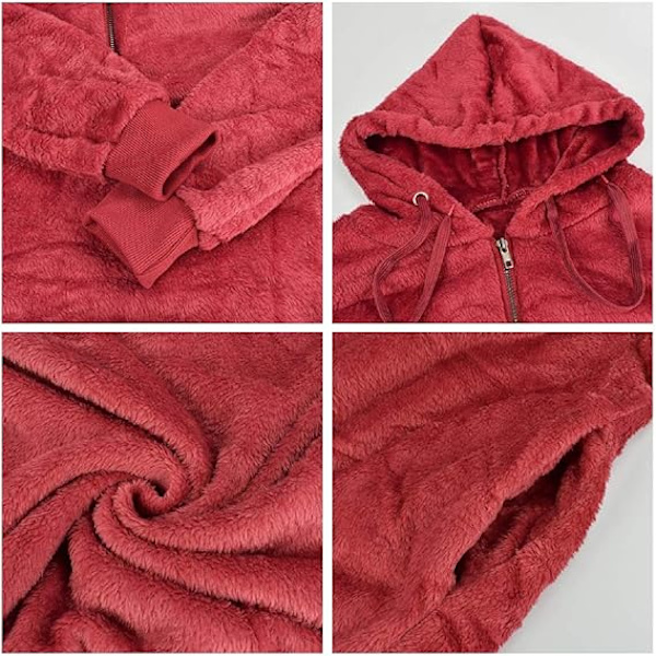 Dame Sweatshirt Fuzzy Casual Løs Fløjl Trøje Langærmet Teddy Fleece Hoodies med Lommer Hoodie Snørebånd Pullover Jumpers Yderbeklædning Frakke