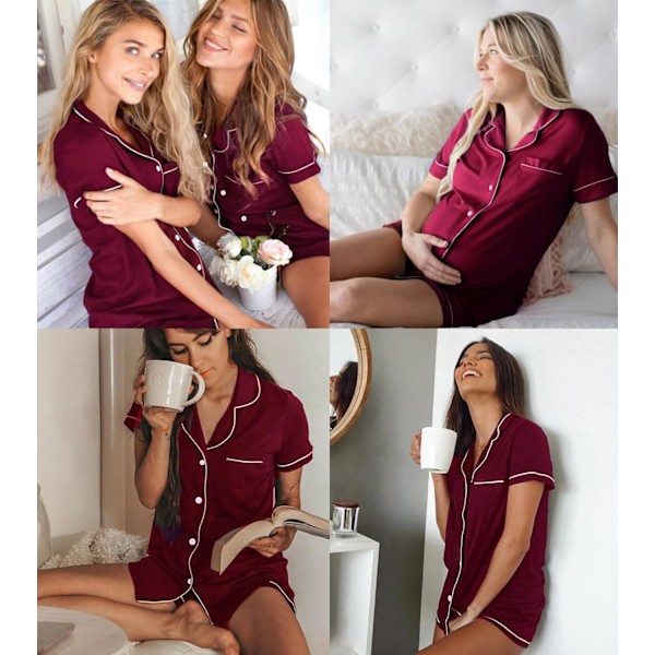 Kvinnors Pyjamas Set Kortärmad Nattkläder Dam Knäppning Nattkläder PJ Set med Ficka S Wine Red
