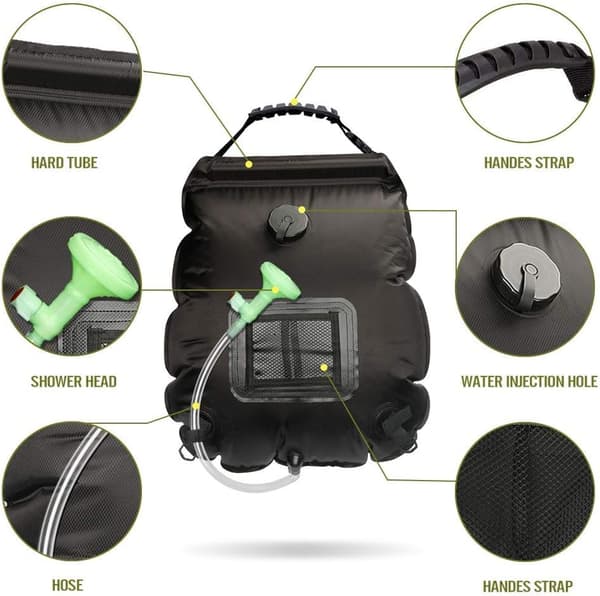 20L Solbruserpose, Campingbruserpose Solvarmet Vandpose Bærbar Campingbruserpose Klatring Udendørs Bruser med Slange og Brusehoved black