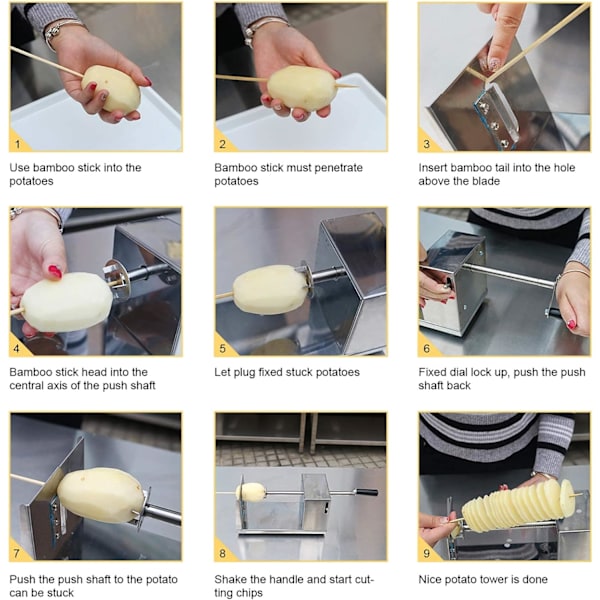 Potet-tårnmaskin, Rustfritt Stål, Spiral Potetskutter for Frukt, Poteter, Tornado-Chips, Agurk eller Gulrøtter