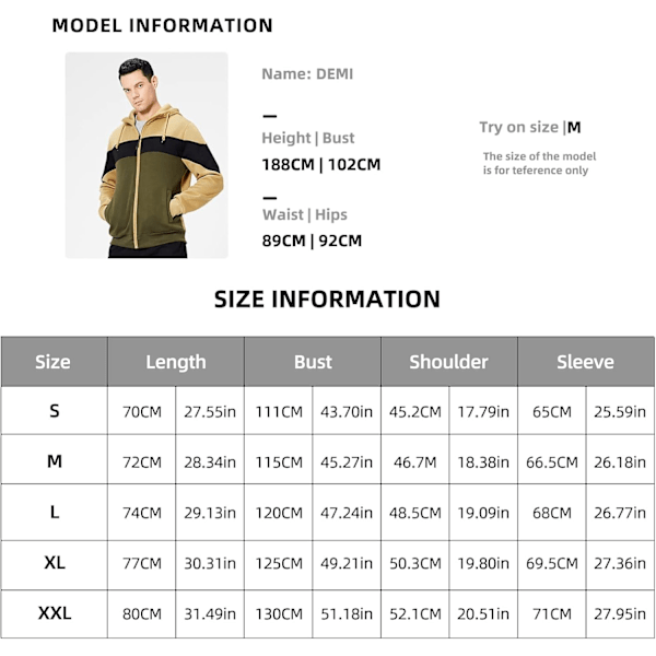 Herre fleece hettegenser pullover casual hettegenser kontrastfarge topp med kanga-lomme Khaki M