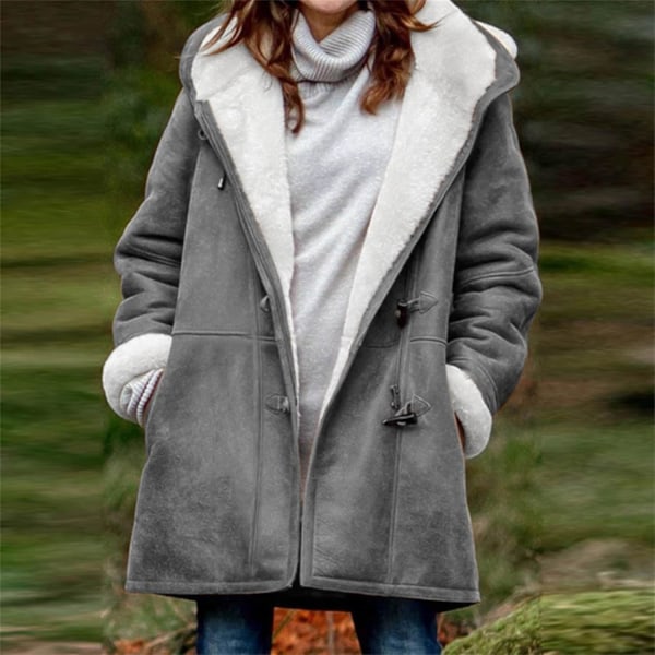 Damer Vinterjakker Udsalg Plus Størrelse Dame Fleeceforet Jakke Hoodies Lomme Uld Casual Hættetrøjer Horn Knapper Casual Varmt Jakke Trench XL 02 Grey