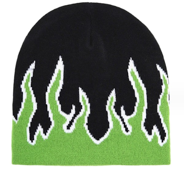 Tjock Varm Öronmuff Beanie Hatt Män Vinter Flamma Tryck Cykling Stickad Hatt Kläder Tillbehör Grön green
