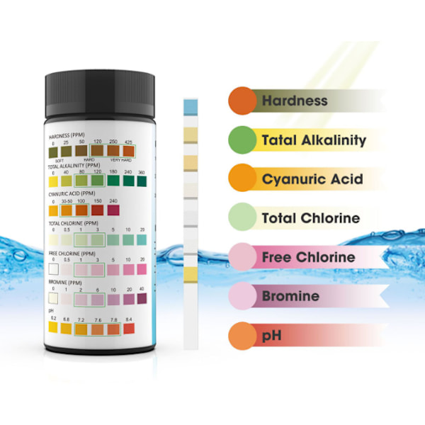 100 teststrimler for basseng og spa - tester pH, klor, brom, etc.