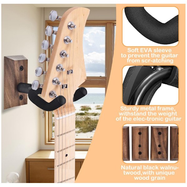 Väggfäste för gitarr i trä, massiv trähängare lämplig för akustisk elgitarr bas folk ukulele mandolin Black Walnut 2pc
