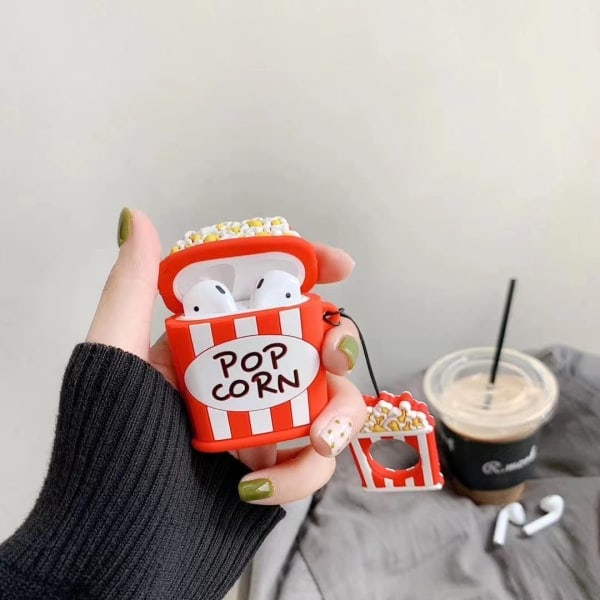 Søtt etui for Airpods 2. / 1. generasjon, 3D Popcorn Design Silikonetui Beskyttende Støtsikkert Deksel med Nøkkelring for Airpods Hodetelefoner Popcorn