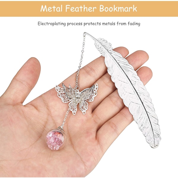 Metallinen höyhenkirjanmerkki, jossa 3D-perhonen ja lasihelmillä kuivattu kukkanauha, ihanteellinen lahja Plumas de plata flor rojo