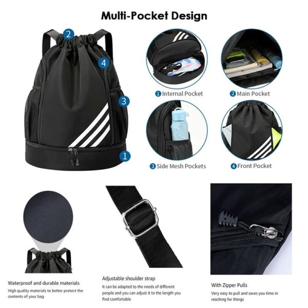 Sports Backpacks fotboll dragsnöre väska dragsnöre ryggsäck gym ryggsäck Muti fickor för resor vandring Svart Black