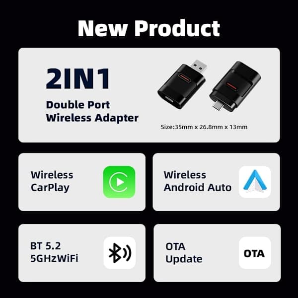Trådløs CarPlay & Android Auto Adapter 2025 – Nem Plug & Play, Hurtig Forbindelse, Passer til iPhone & Android