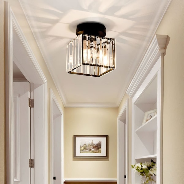 Moderne krystall inngang taklampe E27 Mini krystall lysekrone LED taklampe firkantet lampeskjerm (svart)