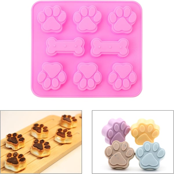 2-i-1 Hvalpes Pote og Knogle Silikoneforme, Non-Stick Fødevarekvalitet Silikoneforme til Gelé, Isblok, (Sæt med 4 stk. Pink)