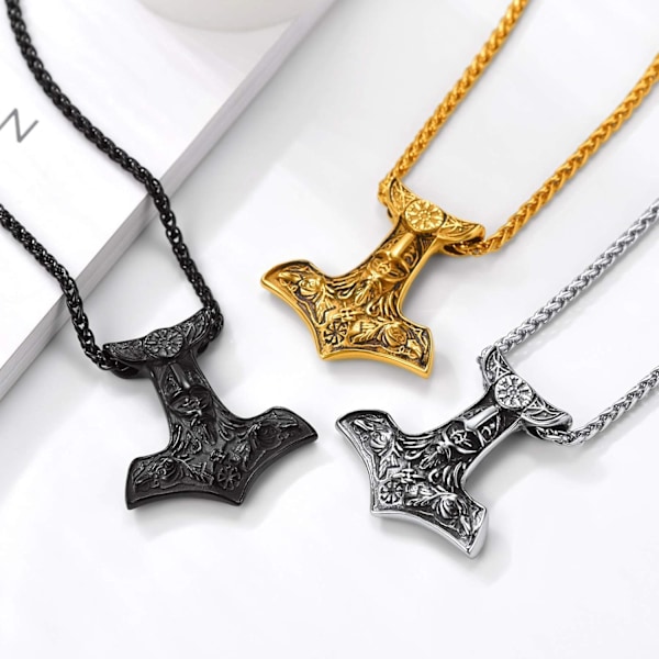 Thor Mjolnir Hammer Vedhæng Charm, Nordisk Viking Økse med Pigkæde, Rustfrit Stål 01. Negro