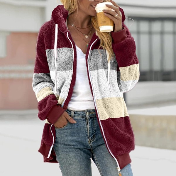 Hættejakke Dame Teddy Fleece Frakke Overgangsjakke med Hætte med Lommer Lynlås Efterår Vinter Plys Jakke Fleece Jakke Vinter 4XL J Wine