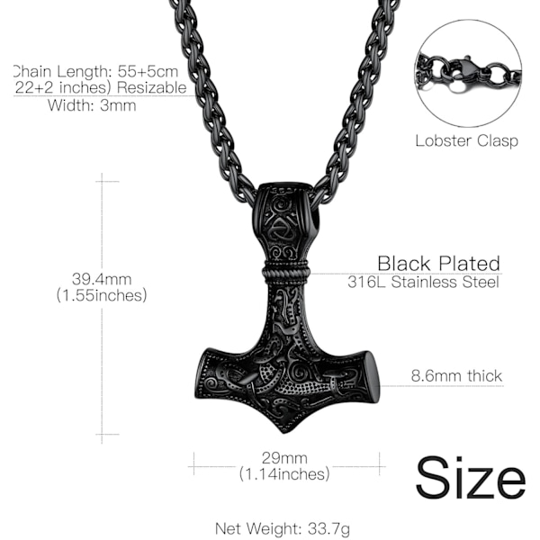 Thors hammare halsband, rostfritt stål viking halsband, nordisk viking halsband, Thors hammarehänge Negro