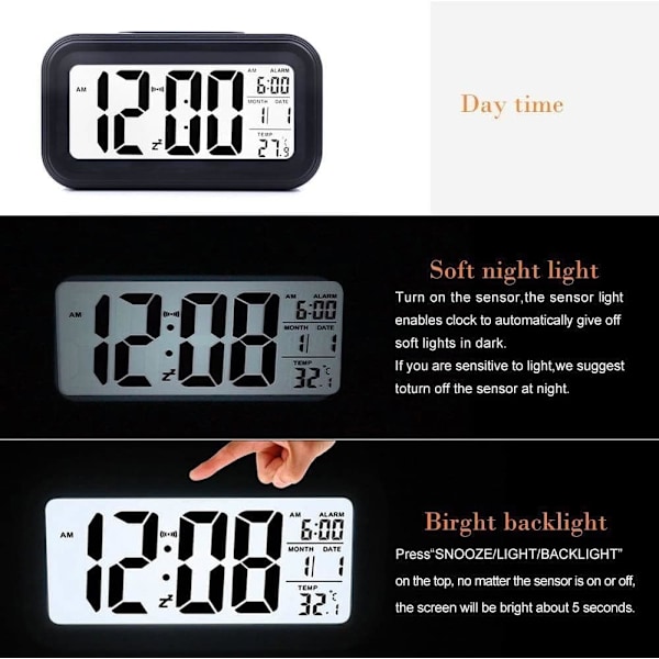 Uppgraderad digital väckarklocka, 4,3\" LED-display med temperatur, bärbar med batteridriven väckarklocka sängbord