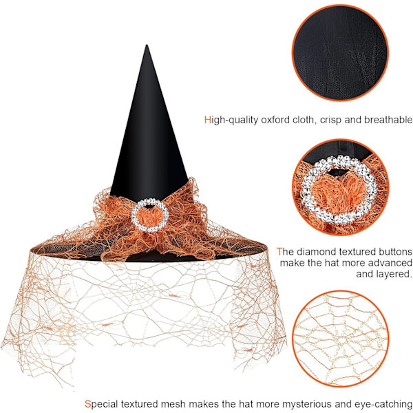 Häxhatt för kvinnor, spetsnät, elegant dräkt, trollkarl kostymtillbehör för cosplayfester Orange Lace