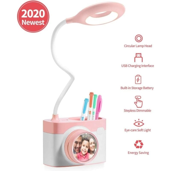 LED-bordslampa, barnläsning, beröringsjusterbar ljusstyrka, USB laddning (rosa) vit