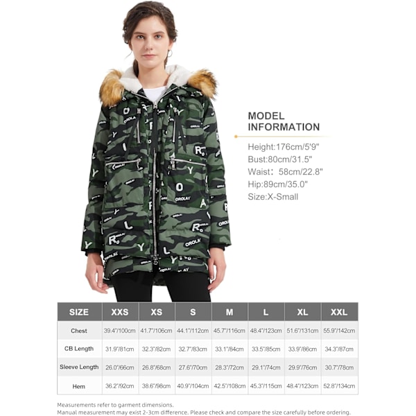 Kvinders Tykkelse Dunjakke Parka Hætte Lang Puffer Frakke til Vinter XS Green Camo