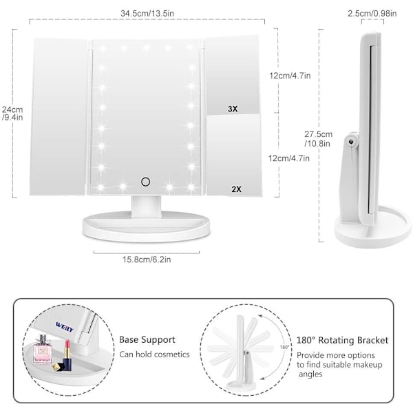 Meikkipeili 21 luonnollisella LED-valolla, 3X/2X suurennus, paristot/USB kaksoisvirtalähde valaistut kosmeettiset peilit (valkoinen) White