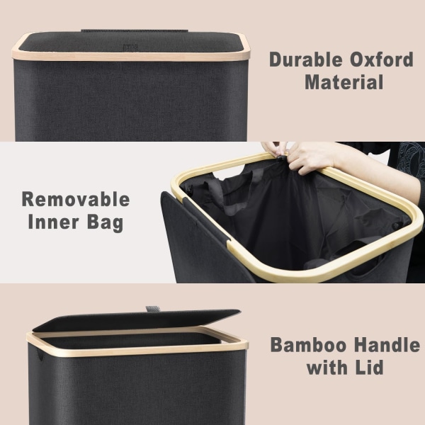 Bambus skittentøyskurv med innerpose og deksel oppbevaringsboks Svart 40,5*33*75cm Black