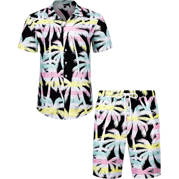 Herre Hawaii-skjorte og shorts sett Regular Fit Kort Ermet Casual Funky Strand Flamingo Skjorte Sett L Black Tree