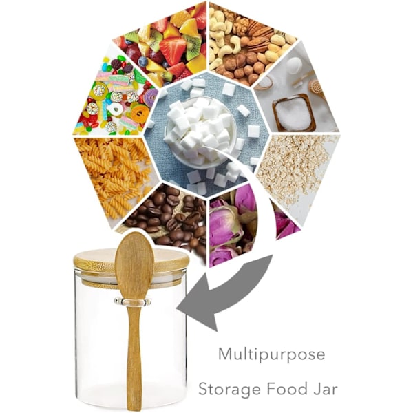 Förvaringsburk i glas med bambulock, 450 ml lufttät matbehållare med sked för overnight oats, salt, socker, kryddor, te, 1-pack