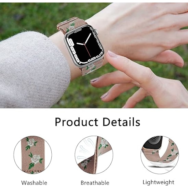 Blomster Sportbånd Kompatibel med Apple Watch, Kvinders Elastisk Vævet Nylon Enkelt Loop Broderet Blomsterprint Urrem til Flere Serier Green leaves, red roses, black 38/40/41mm