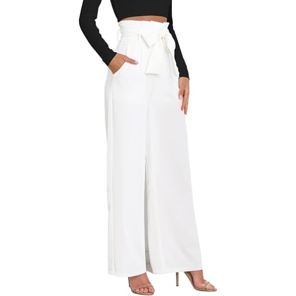 Hvide kvinders højtaljede løse brede benbukser med sløjfe /XXL white XXL