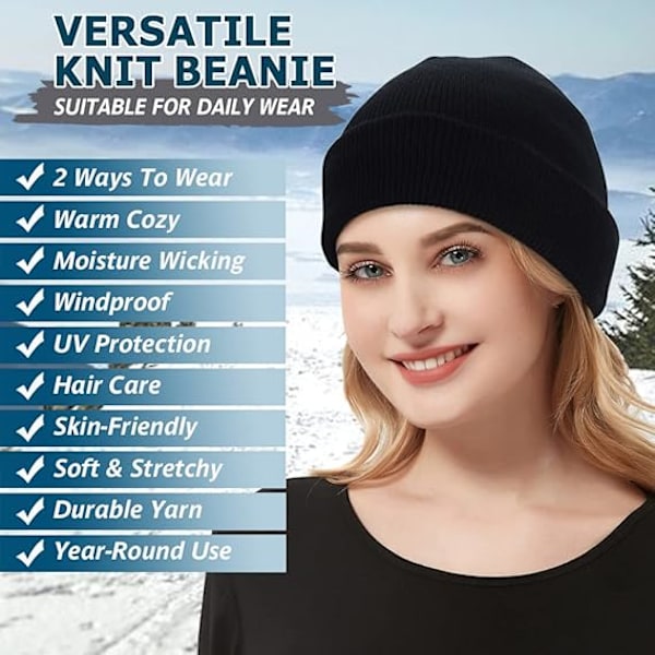 2-pack unisex klassisk mössa med uppvik, stretchig mjuk tjock varm vintermössa
