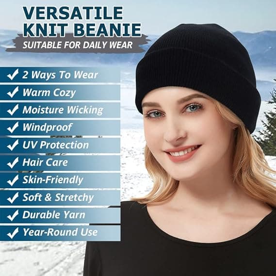 Manchet Beanie Hat, 2-Pack Unisex Klassisk Slouch Strikhue Elastisk Blød Tyk Varm Vinter Daglig Skull Cap Watch Cap