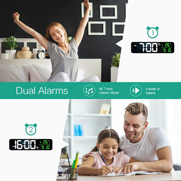 Digital väckarklocka, stor skärm väggklocka, digital väckarklocka, datum/temperatur, ℃/℉ växling, tidsminne, 2 larm.
