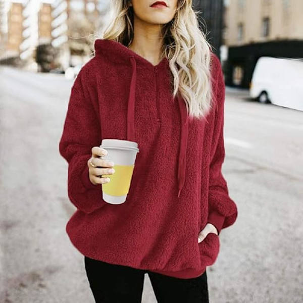 Dame Sweatshirt Fuzzy Casual Løs Fløjl Trøje Langærmet Teddy Fleece Hoodies med Lommer Hoodie Snørebånd Pullover Jumpers Yderbeklædning Frakke